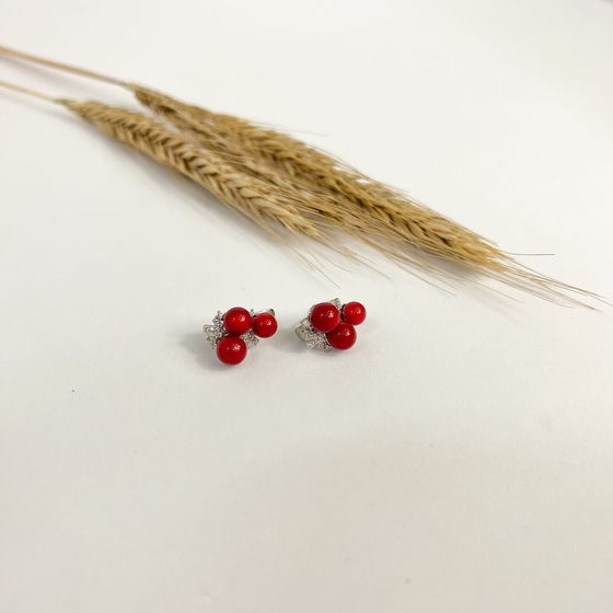 Серебряные серьги с кораллом, фианитами