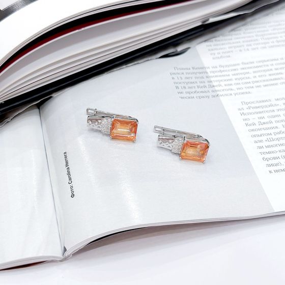 Серебряные серьги с золотим кварцем 3.45ct, фианитами