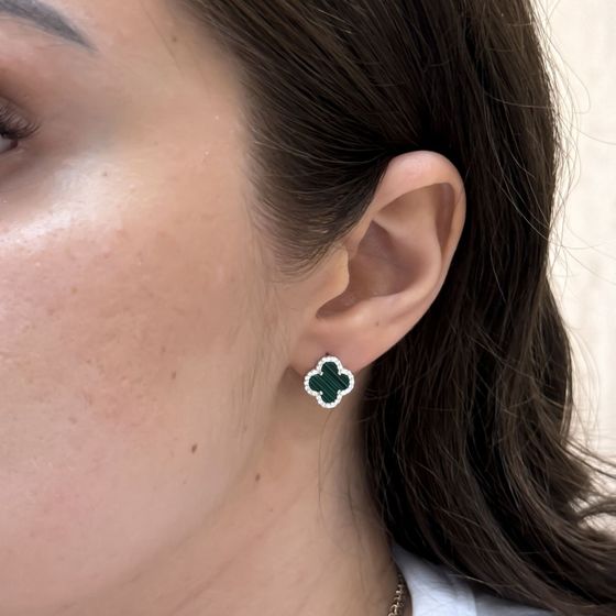 Срібні сережки з малахітом, фіанітами