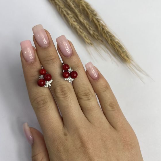Серебряные серьги с кораллом, фианитами