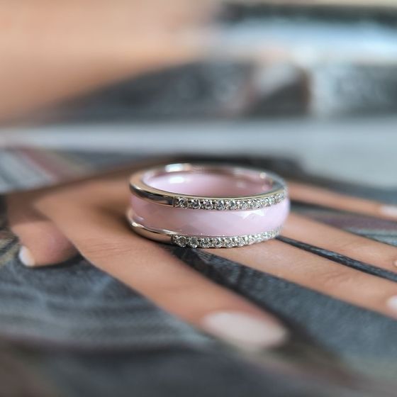 Silver ring with ceramic and cubic zirconia