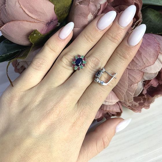 Серебряные серьги с изумрудом 2.608ct, сапфиром, рубином