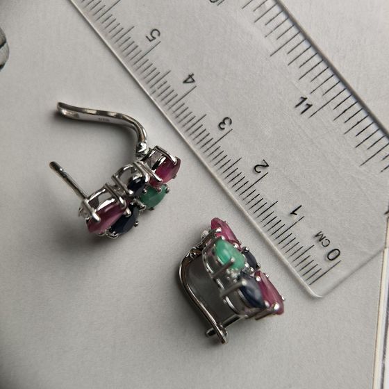 Срібні сережки з сапфіром 4.05ct, смарагдом, рубіном
