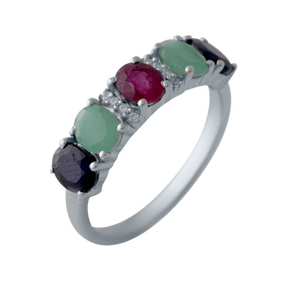 Silver ring with a 1.666-carat emerald, a ruby, and a sapphire