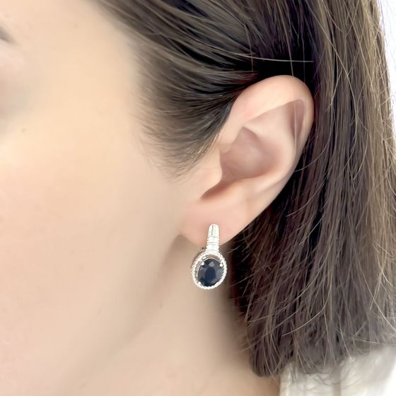 Sterling silver earrings with 4.927ct sapphire, pave diamonds