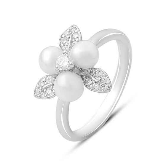 Silver ring with pearls and cubic zirconia