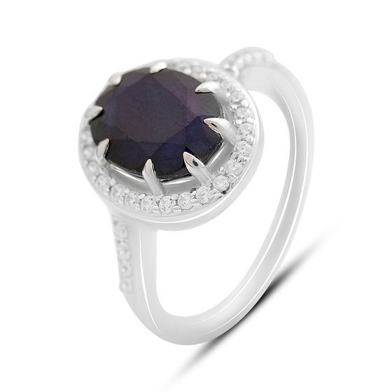 Срібна каблучка з сапфіром 3.81ct, фіанітами