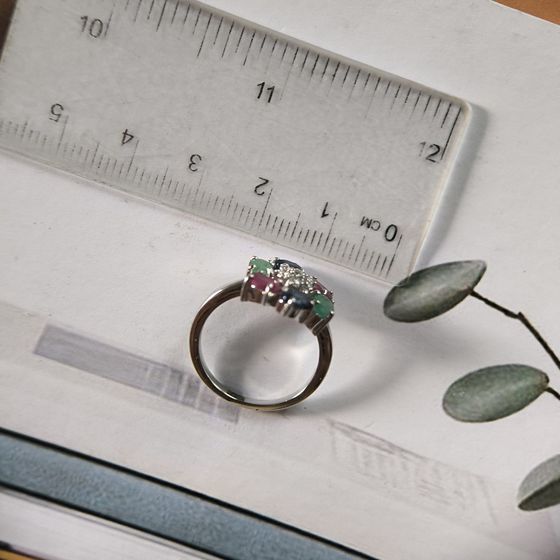 Silver ring with sapphire, ruby, emerald