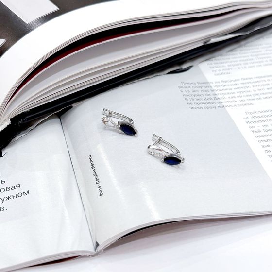 Sterling silver earrings with sapphire 1.262ct, pave diamonds
