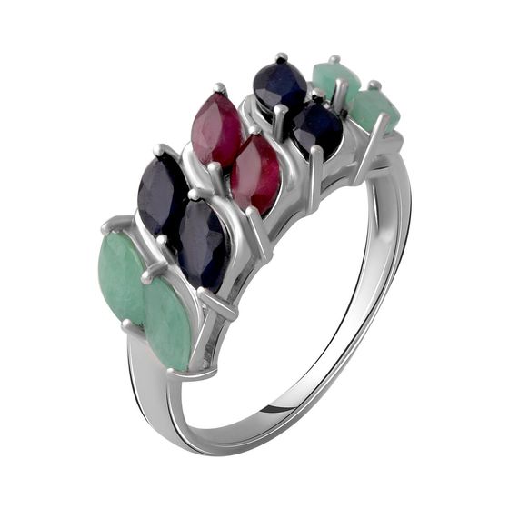 Silver ring with 3.025ct sapphire, emerald, ruby